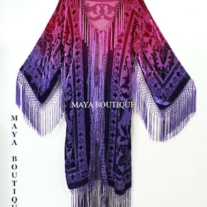 Burnout Velvet Kimono Jacket Wearable Art Hand Dyed Purple Magenta Maya Matazaro