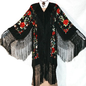 Romantic Embroidered Silk Flamenco Jacket Opera Coat Kimono Red Roses ...