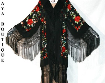 Romantic Embroidered Silk Flamenco Jacket Opera Coat Kimono Red Roses on Black