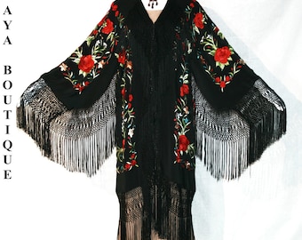 Romantic Embroidered Silk Flamenco Jacket Opera Coat Kimono Red Roses on Black