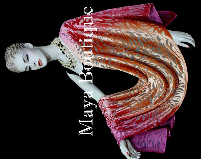 Maya Matazaro Hand Dyed Magenta Orange Camellia Shawl Wrap Scarf Burnout Velvet
