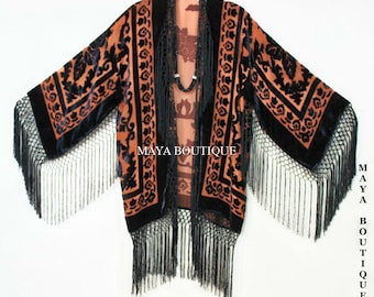 Tangerine & Black Fringe Jacket Kimono Bolero Silk Burnout Velvet Maya Matazaro