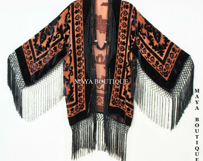 Tangerine & Black Fringe Jacket Kimono Bolero Silk Burnout Velvet Maya Matazaro