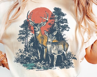 Ciervo vintage PNG, estilo gráfico de los años 90, animales del bosque, sublimación imprimible, ciervo de los años 2000, ciervo retro grunge, PNG descolorido, diseño de camiseta de atardecer natural