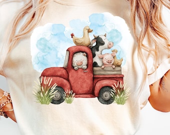 Farm Animals Truck PNG Farmer Png Farmer Design Farm Animals Watercolor Clipart Cute Animals Sublimation Shirt Design Red Truck Animals png