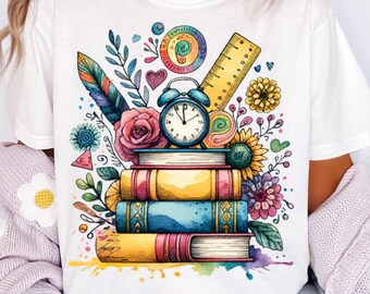 Camiseta escolar retro PNG de regreso a clases, estilo bohemio, para maestra, primer día de clases, sublimación, diseño moderno para jardín de infantes, 1.º, 2.º, 3.º, 4.º y 5.º grado.