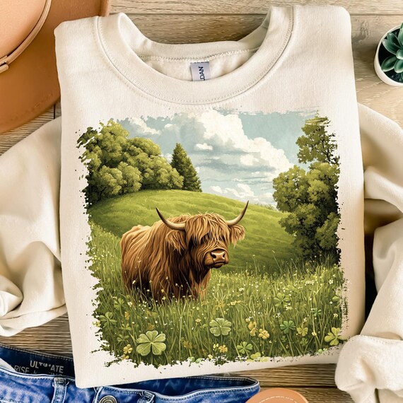 Irish Highland Cow PNG 90s Graphic Style Vintage St Patrick's Day Sublimation St Patty's Day Nature Design Printable St Patricks Day Cow