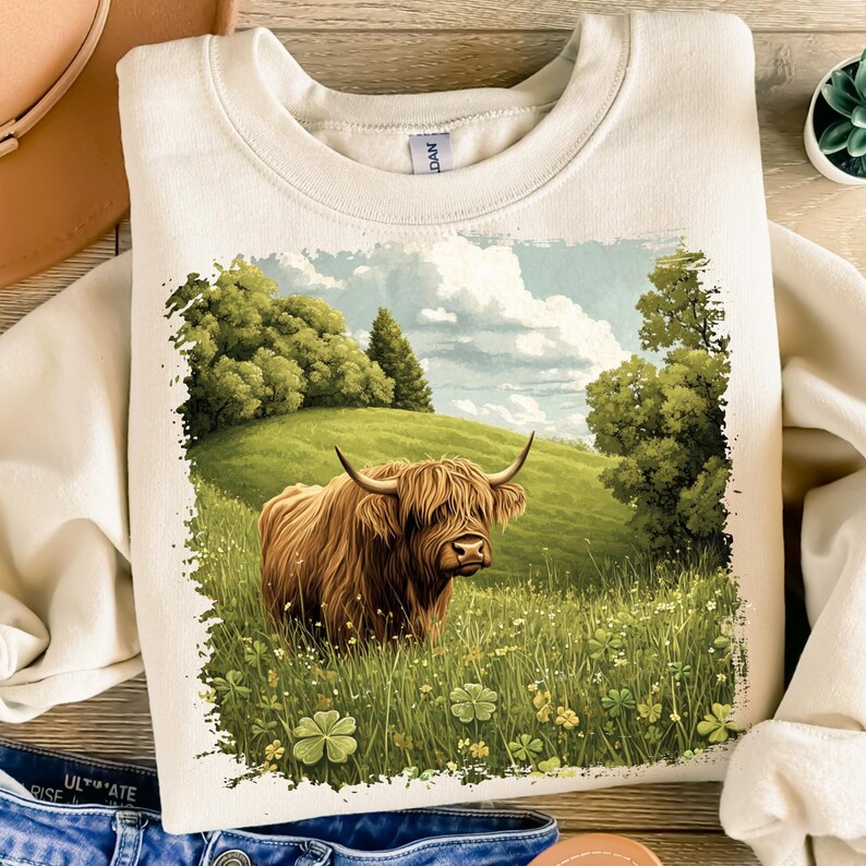May include: Cream-colored sweatshirt featuring a detailed illustration of a Highland cow in a grassy field with trees and a blue sky. The cow has long, shaggy brown fur and curved horns. The design is framed by a green border.