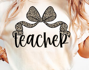 Trendy Teacher PNG Teacher Coquette Png Preppy Leopard Print Teacher Png School Coquette Bow Png Teacher Digital Download Sublimation Png