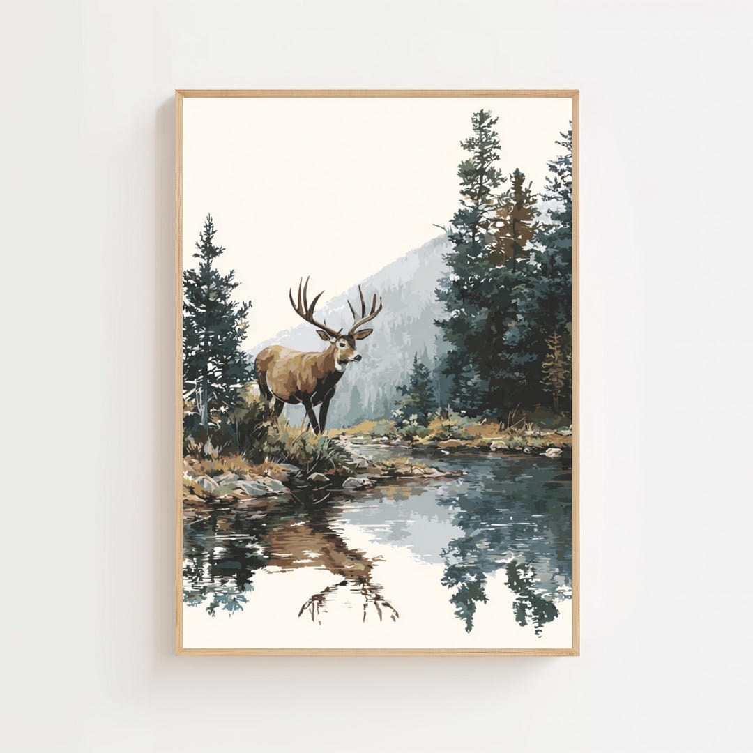 Printable Vintage Deer Print Mountain Wildlife Wall Art Forest Animal ...