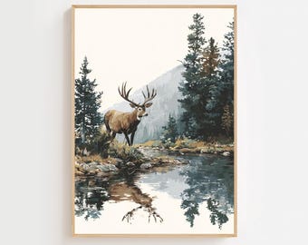 Printable Vintage Deer Print Mountain Wildlife Wall Art Forest Animal Wall Decor Retro Hunting Stag Art Man Cave Wall Art Digital Download