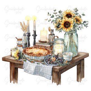 May include: Watercolor illustration of a rustic table setting. Features a pie, sunflowers, candles, and a bouquet of sunflowers in a glass jar. Includes a blue and white checkered cloth and a plate of grapes. The text "Snickerdoodle JOY" is visible.
