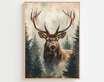 Printable Vintage Deer Print Hunting Wall Art Forest Animal Wall Decor Retro Wildlife Buck Art Gift for Dad or Husband Digital Download