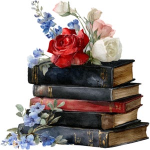 May include: A watercolour illustration depicts a stack of old books adorned with a floral arrangement. The books are in black, red, and brown, with gold detailing. The flowers include red roses, white roses, and blue wildflowers.