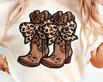 Faux Embroidered Coquette Cowboy Boots PNG Western Png Leopard Print Coquette Rodeo Girl Girly Western Graphic Cowboy Boots Bow Sublimation