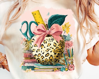 Retro Back to School PNG Fun Teacher Girl First Day of School Sublimation Trendy School Shirt Design Leopard Print Apple Png Grades Png
