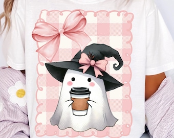 Cute Ghost PNG Coquette Halloween Design Coffee Ghost Shirt Design Coquette Ghost Sublimation Design Girly Halloween Png Ghost Coffee Png