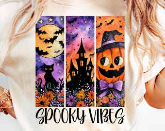 Vibras espeluznantes PNG Halloween vintage PNG Jack-o-Lantern PNG Halloween moderno PNG Diseño de camiseta de Halloween retro Sublimación de gato floral de Halloween