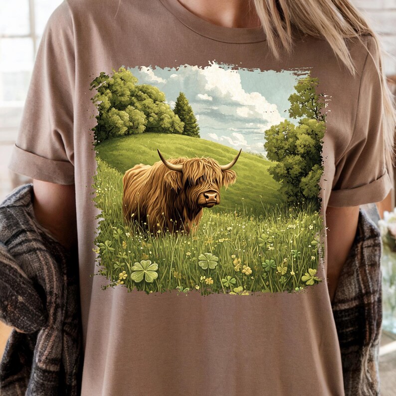 May include: A tan t-shirt featuring a detailed illustration of a Highland cow in a grassy field with trees and a cloudy sky. The cow has long, shaggy brown fur and curved horns. The scene is framed with a white border.