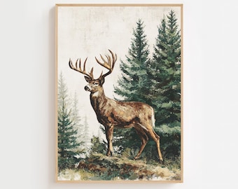 May include: A framed print featuring a majestic deer with large antlers standing in a forest. The artwork showcases the deer in shades of brown and tan, set against a backdrop of green pine trees and a muted, off-white sky.