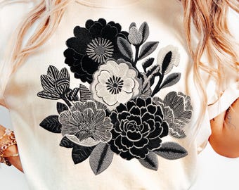 Faux Embroidered Vintage Linocut Flowers PNG Floral Sublimation Linocut Png Retro Botanical Shirt Design Png Printable Flowers Graphic Png