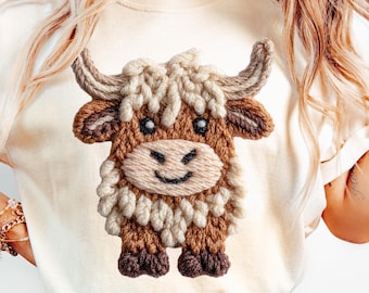 Latch Hook Yarn Crochet Highland Cow PNG Highland Cow Sublimation Design Retro Farm Animal Png Printable Heifer Western Animal Graphic Png