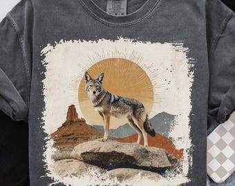 Retro Coyote 90s Graphic PNG Desert Animal Sublimation Grunge Vintage Wildlife Sunset Rustic Outdoor Nature Printable Y2K Desert Sunset Png