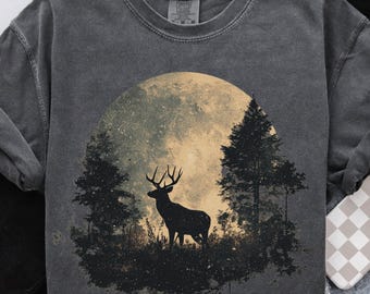 Silhouette graphique de cerf vintage des années 90 Style PNG forêt Animal sublimation imprimable faune rustique pleine lune amateur de plein air Design chasse cadeau