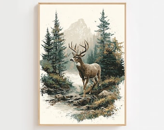 May include: A framed art print depicts a deer standing near a river in a forest. The artwork features a mountain in the background, with evergreen trees and a muted color palette of greens, browns, and beige. The deer has large antlers.