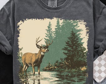 Vintage des années 90 cerf graphique PNG Grunge Style forêt animaux sublimation imprimable chasseur fané cerf rétro Nature chemise Design rustique amateur de plein air