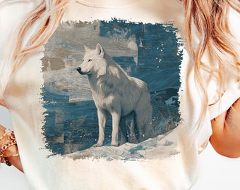 Lobo de invierno vintage PNG, estilo gráfico de los años 90, animales del bosque, sublimación, grunge, retro, lobos, PNG descolorido, diseño de camiseta de naturaleza, imprimible, lobo de los años 2000
