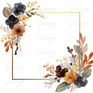 May include: Watercolor floral design with a gold square frame. The arrangement features navy, brown, and orange flowers with green and tan leaves. The text "Snickerdoodle JOY" is repeated across the image.