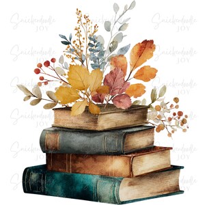 Pode incluir: Ilustração em aquarela de uma pilha de quatro livros com folhas e bagas de outono coloridas. Os livros são em tons de castanho, verde-azulado e azul. As folhas são amarelas, laranja e vermelhas.