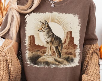 Retro Coyote Graphic PNG 90s Style Desert Animals Sublimation Grunge Vintage Sunset Wilderness Rustic Outdoor Nature Printable 2000s Coyote