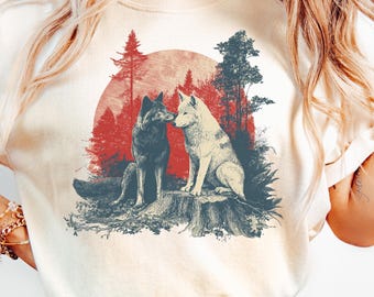 Lobos vintage PNG estilo gráfico de los 90, animales del bosque, sublimación, naturaleza, diseño de camiseta imprimible, lobo de los 2000, PNG grunge, retro, lobos, PNG descolorido