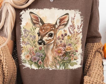 Cervatillo retro cottagecore PNG estilo gráfico de los años 90, animales del bosque, sublimación, ciervo bebé floral vintage, imprimible, diseño de camiseta cottage core nature