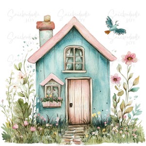 Può includere: Illustrazione ad acquerello di un cottage blu stravagante con tetto e porta rosa, circondato da fiori e vegetazione. Un uccellino vola sopra il cottage. L'immagine ha un'estetica morbida e sognante.