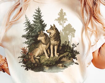 Lobos vintage PNG, estilo gráfico de los 90, animales del bosque, sublimación, grunge, retro, lobos PNG, diseño de camiseta de naturaleza, imprimible, lobo descolorido de los 2000 PNG