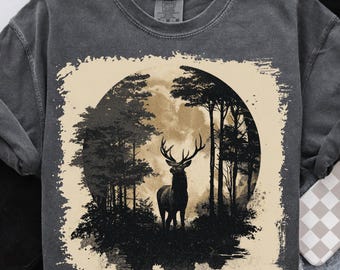 Vintage cerf pleine lune des années 90 graphique Silhouette PNG Style forêt animaux sublimation imprimable rustique faune amateur de plein air Design chasse cadeau