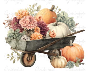 Fall Wheelbarrow Clipart Autumn Clip Art Fall Floral Pumpkin Printable Fall Harvest Digital Download Junk Journal Commercial Use 12 PNG