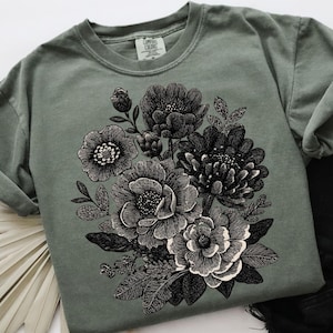 Flores vintage em linóleo com efeito bordado falso PNG Linocut Png Sublimação floral Design de camiseta botânica retrô PNG Gráfico de flores imprimível PNG