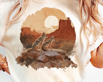 Vintage Coyotes Graphic PNG 90s Style Desert Animals Sublimation Grunge Retro Sunset Wilderness Rustic Outdoor Nature Printable Coyote Pair