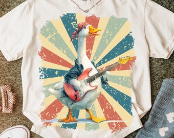 Dumme Gans PNG Rock n Roll Gans Png Lustige Gans Png Shirt Design Vaterländische Gans png Amerikanische Gans Sublimation Rot, Weiß und Blau png