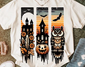 Temporada espeluznante PNG Halloween retro PNG Calabazas PNG Halloween de moda PNG Diseño de camiseta de atardecer de Halloween vintage Vibras espeluznantes Sublimación