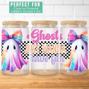 Halloween 16oz Glass Can Wrap Coquette Ghost Libbey Glass Can Wrap 80s Ghost Sublimation Design for Sipper Glass Neon Halloween Tumbler Wrap