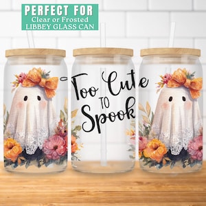 Halloween 16oz Glass Can Wrap Coquette Ghost Libbey Glass Can Wrap Floral Ghost Sublimation Design for Sipper Glass Halloween Tumbler Wrap