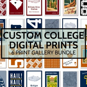 Set de impresiones digitales universitarias personalizadas: 6 piezas de arte mural imprimible, paquete de pósteres universitarios, decoración para dormitorio, galería para el día del partido, descarga instantánea