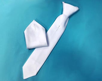 Boy's First Communion Tie and Pocket Square Set, White Satin with Embroidered Cross. Made in USA!
