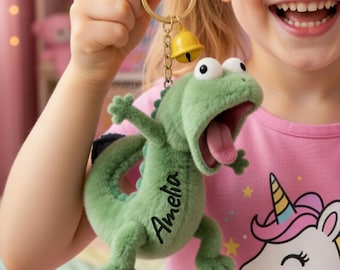 Personalized Lizard Plush Keychain, Florida Souvenir Bell Keychain, Birthday Gift Party Favor for Kids, Soft Plush Pendant with Symbol Charm