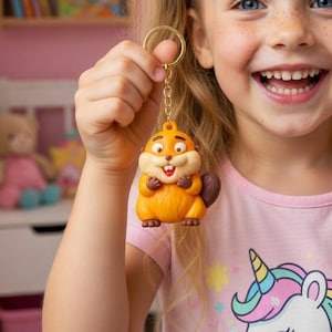 May include: A young girl smiles while holding up a novelty keychain. The keychain features a cartoon beaver with orange fur and a brown belly. The girl is wearing a pink t-shirt with a unicorn graphic.